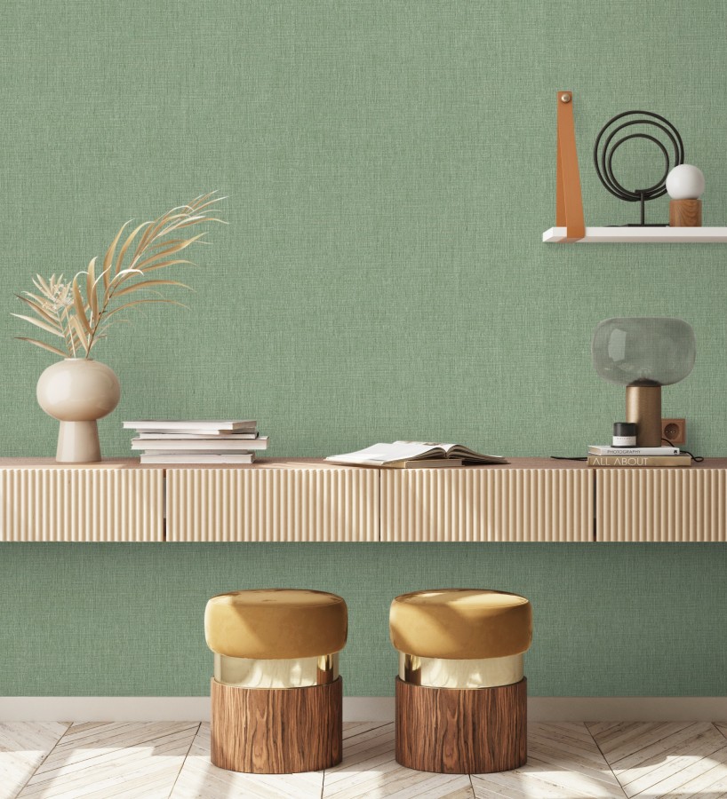 Papel pintado liso de microfibras textiles tintadas verde liquen  Melbourne Colour 685321