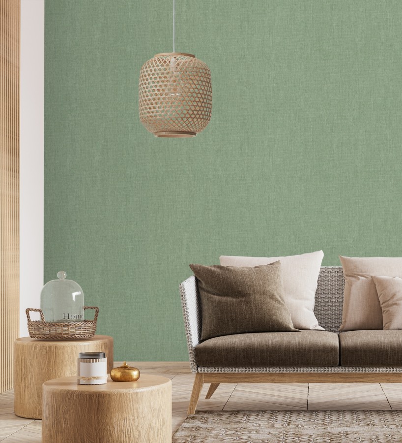 Papel pintado liso de microfibras textiles tintadas verde liquen  Melbourne Colour 685321