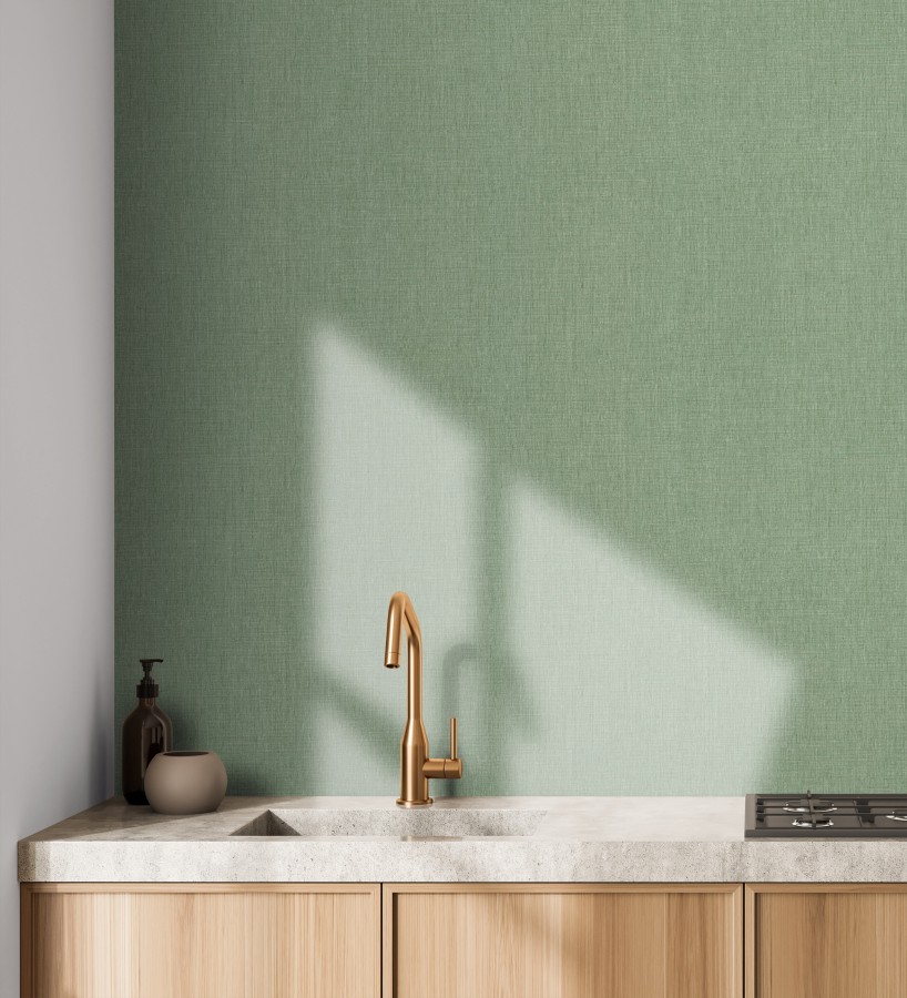 Papel pintado liso de microfibras textiles tintadas verde liquen  Melbourne Colour 685321