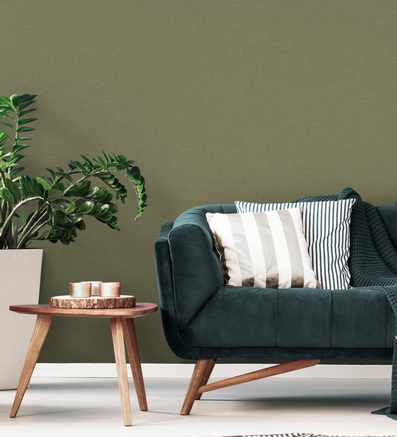 Papel pintado liso con textura lienzo pintado color verde musgo  Brighton Sage 685322