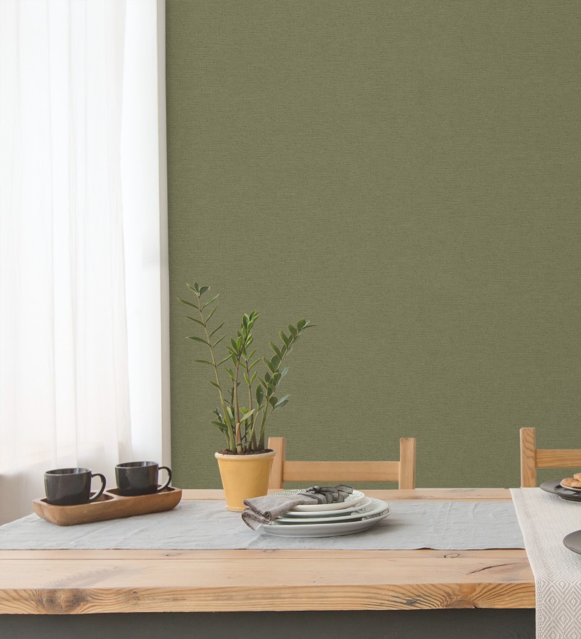 Papel pintado liso con textura lienzo pintado color verde musgo  Brighton Sage 685322
