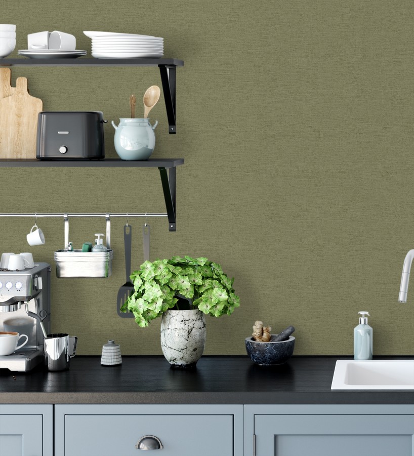 Papel pintado liso con textura lienzo pintado color verde musgo  Brighton Sage 685322