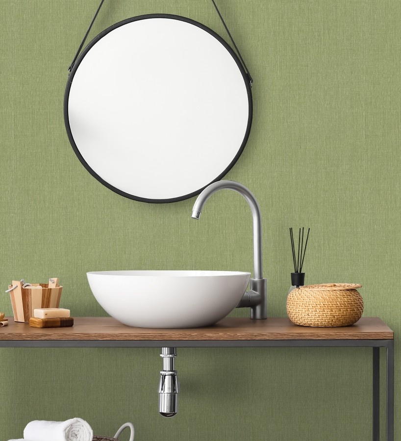 Papel pintado liso de microfibras textiles tintadas verde oliva  Melbourne Colour 685323