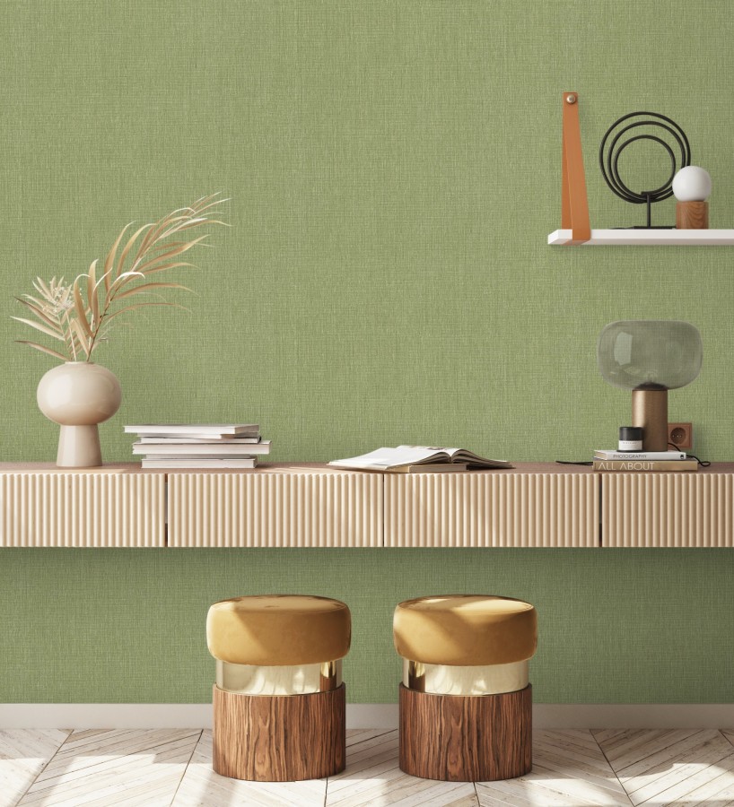 Papel pintado liso de microfibras textiles tintadas verde oliva  Melbourne Colour 685323
