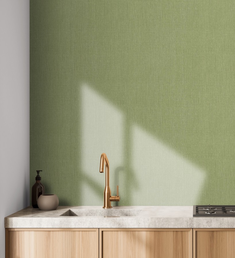 Papel pintado liso de microfibras textiles tintadas verde oliva  Melbourne Colour 685323