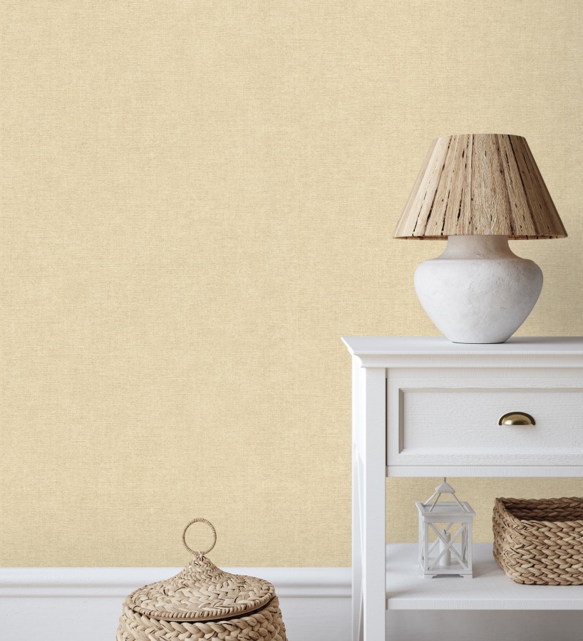Papel pintado liso amarillo paja efecto textil hilos de lino y algodón  Raffton Linen 685326