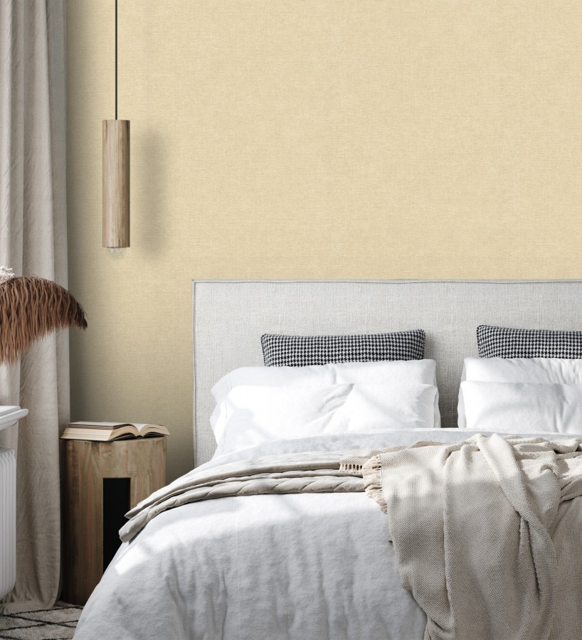 Papel pintado liso amarillo paja efecto textil hilos de lino y algodón  Raffton Linen 685326