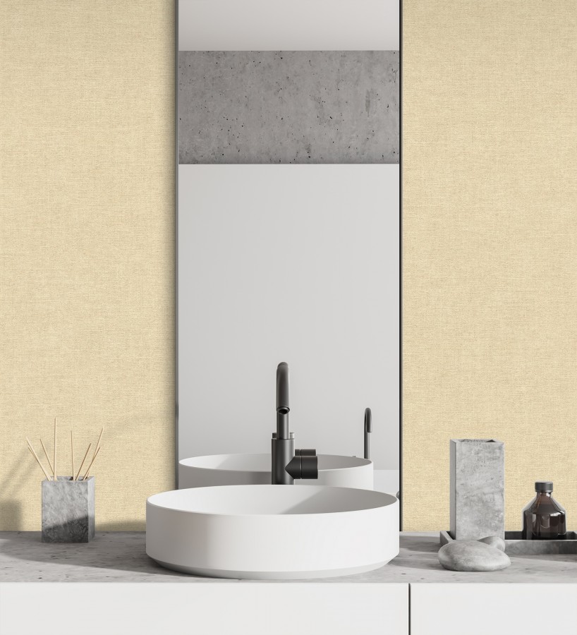 Papel pintado liso amarillo paja efecto textil hilos de lino y algodón  Raffton Linen 685326