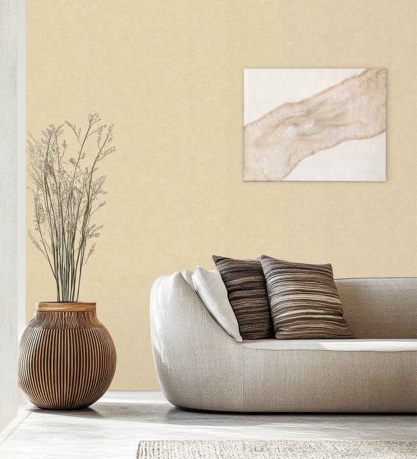 Papel pintado liso amarillo paja efecto textil hilos de lino y algodón  Raffton Linen 685326