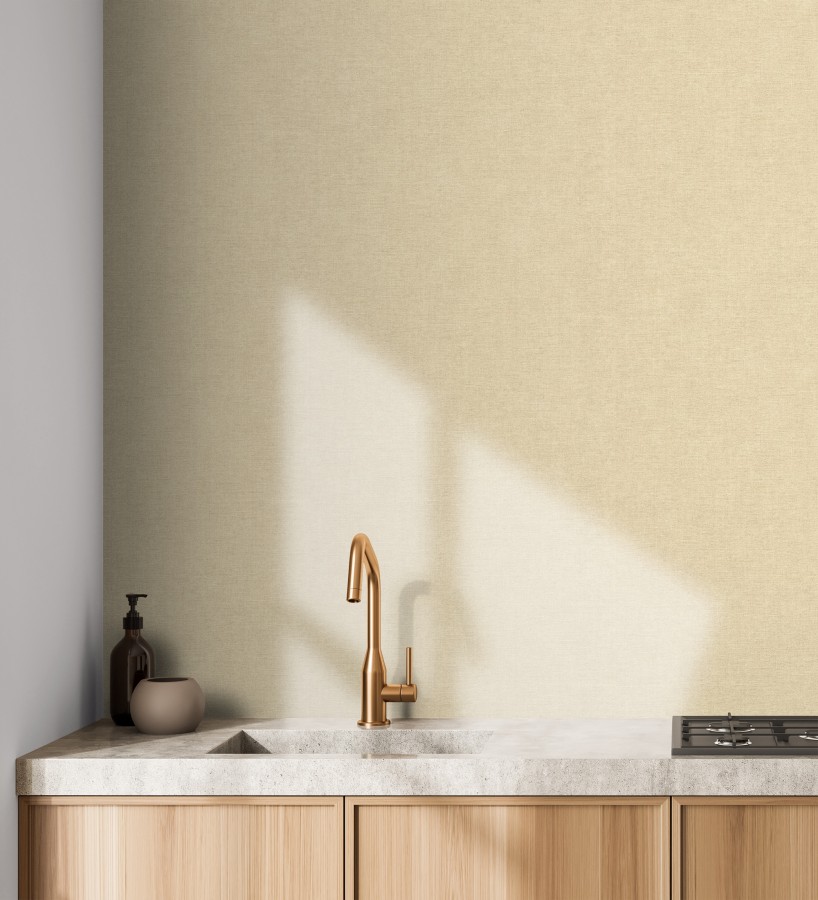Papel pintado liso amarillo paja efecto textil hilos de lino y algodón  Raffton Linen 685326
