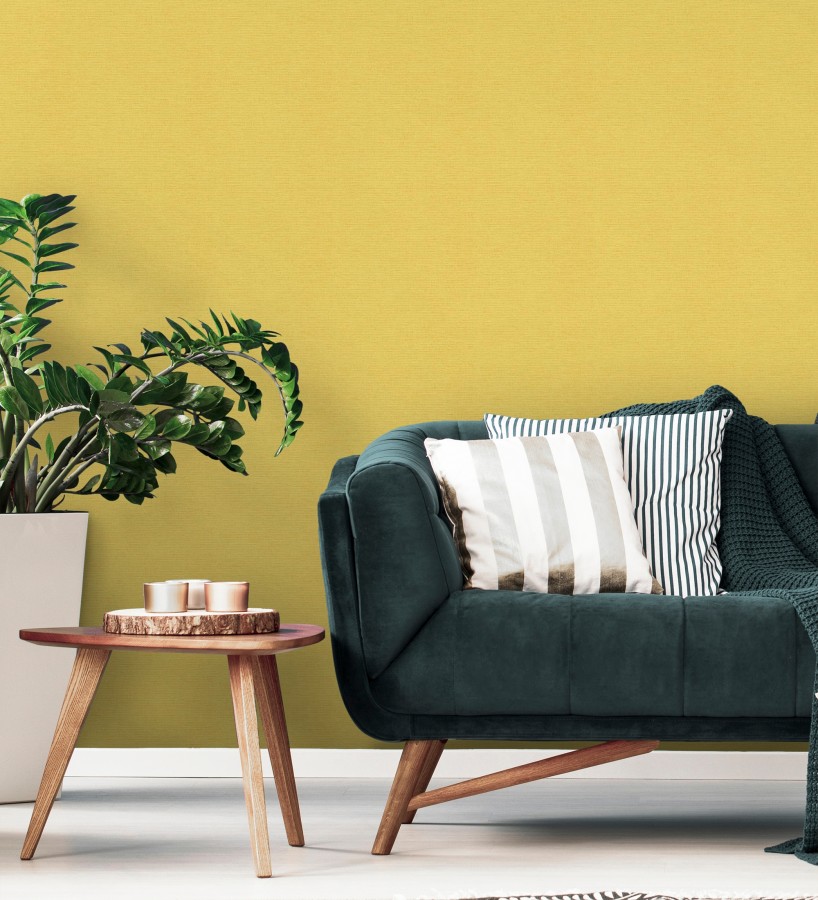 Papel pintado liso con textura lienzo pintado color amarillo canario  Brighton Amber 685329