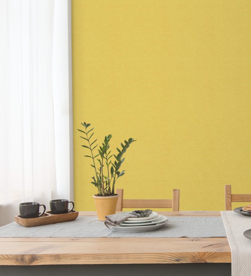 Papel pintado liso con textura lienzo pintado color amarillo canario  Brighton Amber 685329