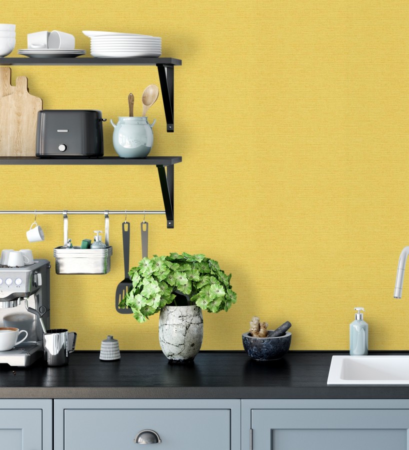 Papel pintado liso con textura lienzo pintado color amarillo canario  Brighton Amber 685329