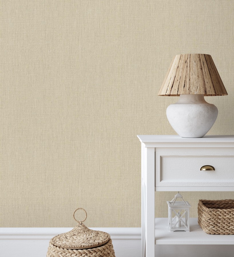 Papel pintado liso de microfibras textiles naturales beige arena  Melbourne Linen 685331