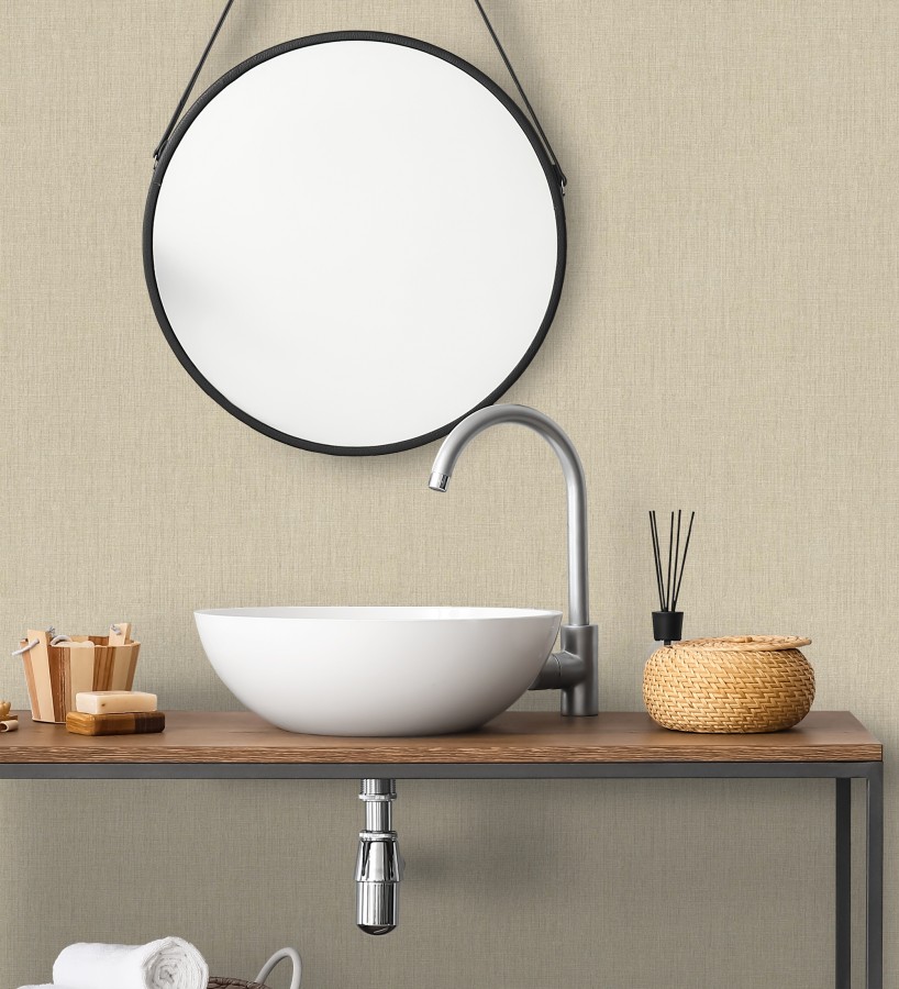 Papel pintado liso de microfibras textiles naturales beige arena  Melbourne Linen 685331