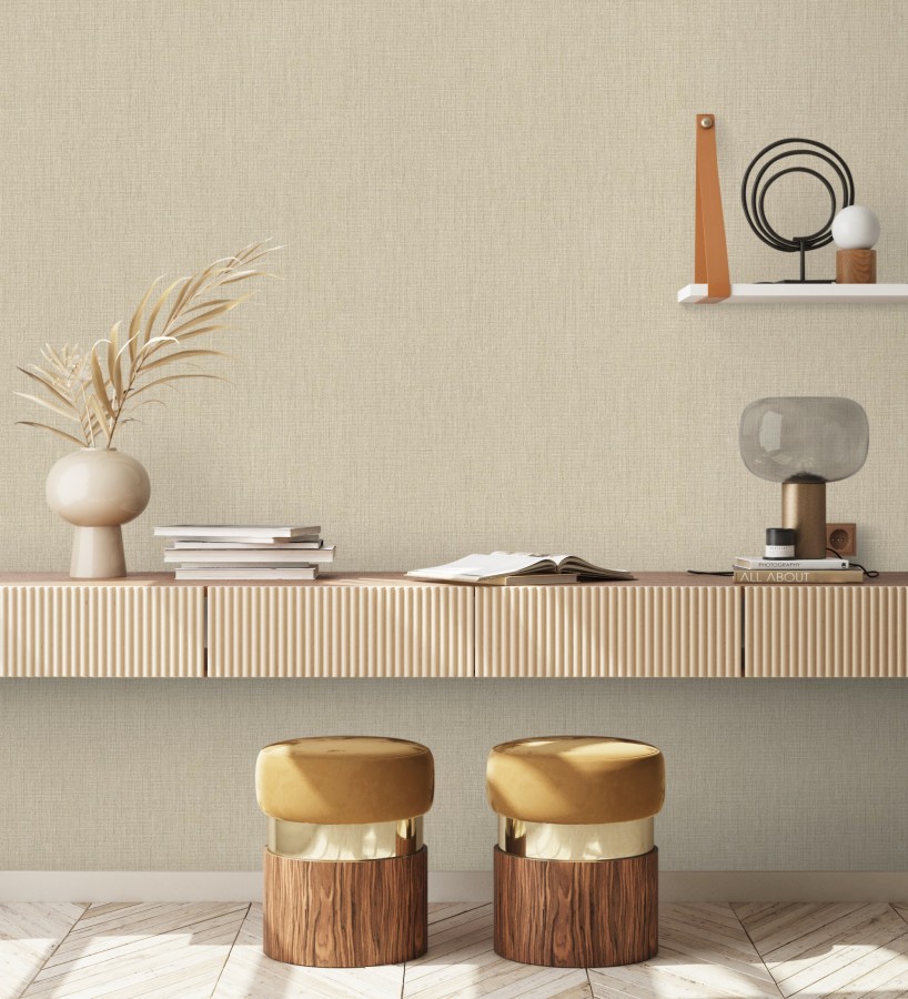 Papel pintado liso de microfibras textiles naturales beige arena  Melbourne Linen 685331