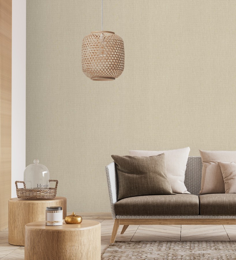 Papel pintado liso de microfibras textiles naturales beige arena  Melbourne Linen 685331