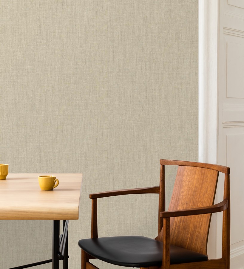 Papel pintado liso de microfibras textiles naturales beige arena  Melbourne Linen 685331