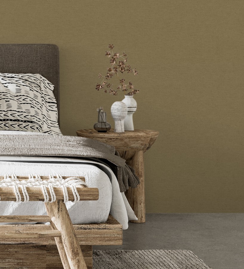 Papel pintado liso con textura lienzo pintado color verde oliva oscuro  Brighton Dusk 685335