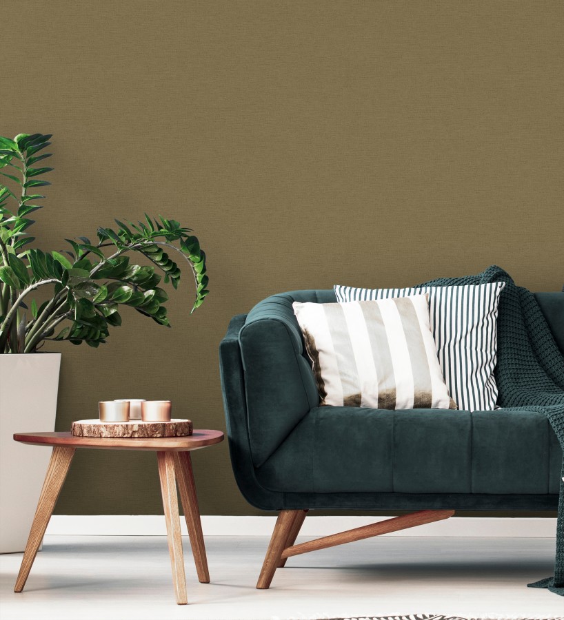 Papel pintado liso con textura lienzo pintado color verde oliva oscuro  Brighton Dusk 685335