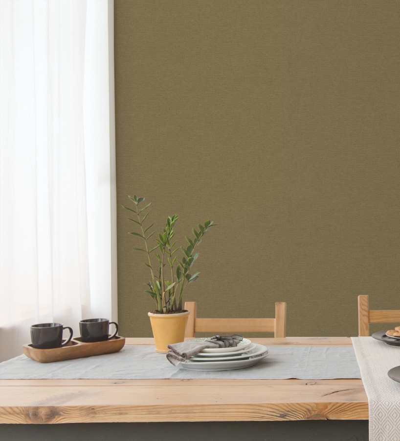 Papel pintado liso con textura lienzo pintado color verde oliva oscuro  Brighton Dusk 685335