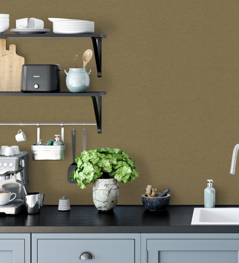 Papel pintado liso con textura lienzo pintado color verde oliva oscuro  Brighton Dusk 685335