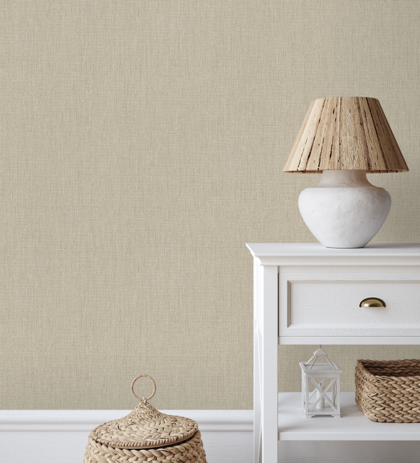 Papel pintado liso de microfibras textiles naturales tono lino  Melbourne Linen 685340