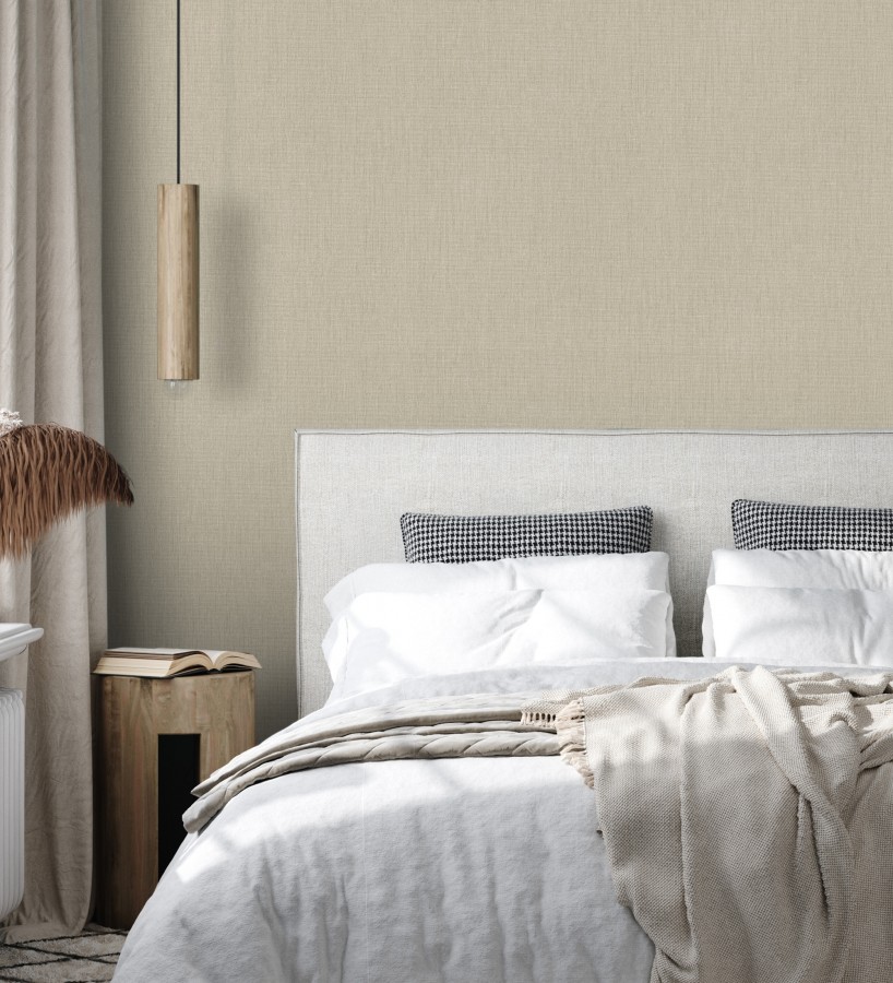 Papel pintado liso de microfibras textiles naturales tono lino  Melbourne Linen 685340