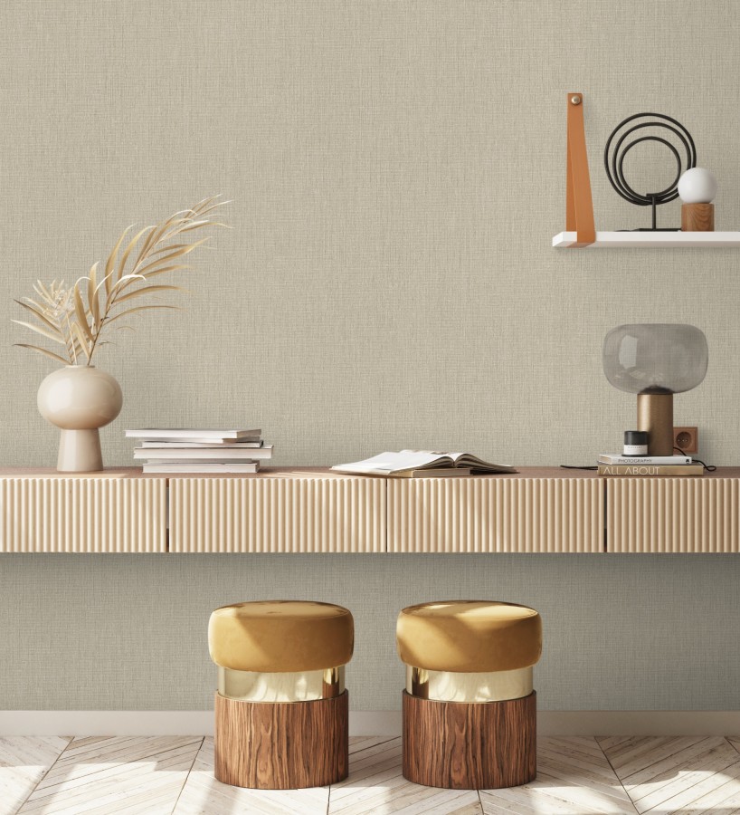 Papel pintado liso de microfibras textiles naturales tono lino  Melbourne Linen 685340