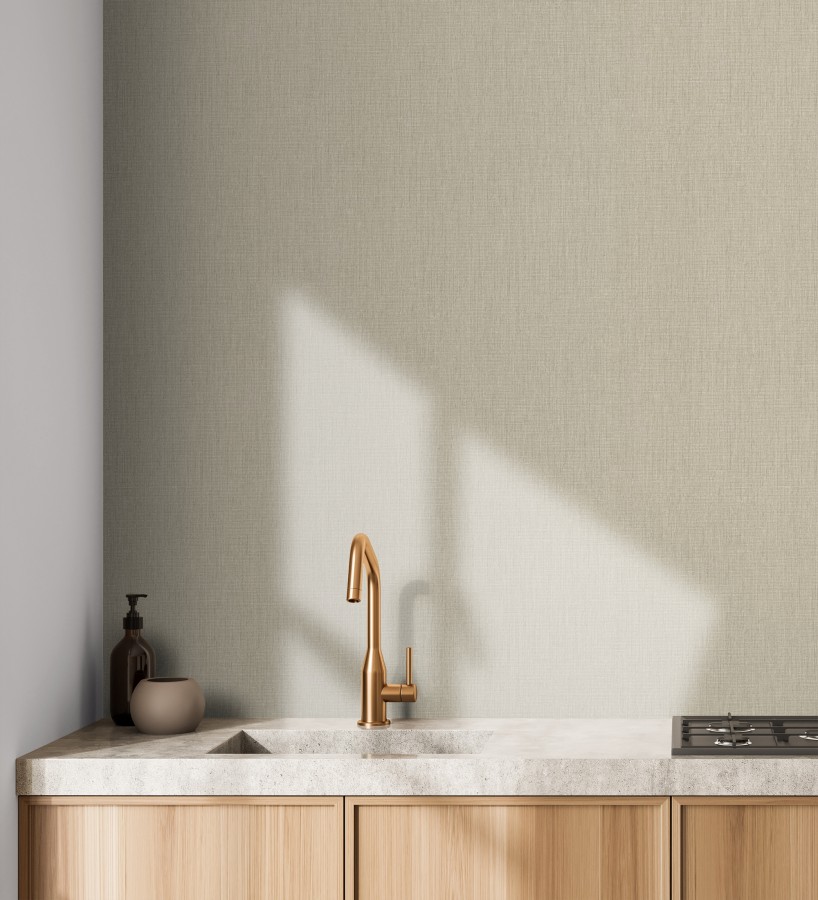 Papel pintado liso de microfibras textiles naturales tono lino  Melbourne Linen 685340