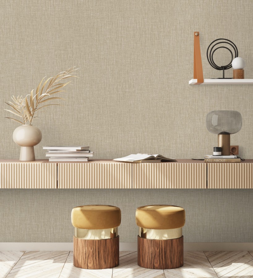 Papel pintado liso de microfibras textiles naturales tono yute  Melbourne Linen 685341