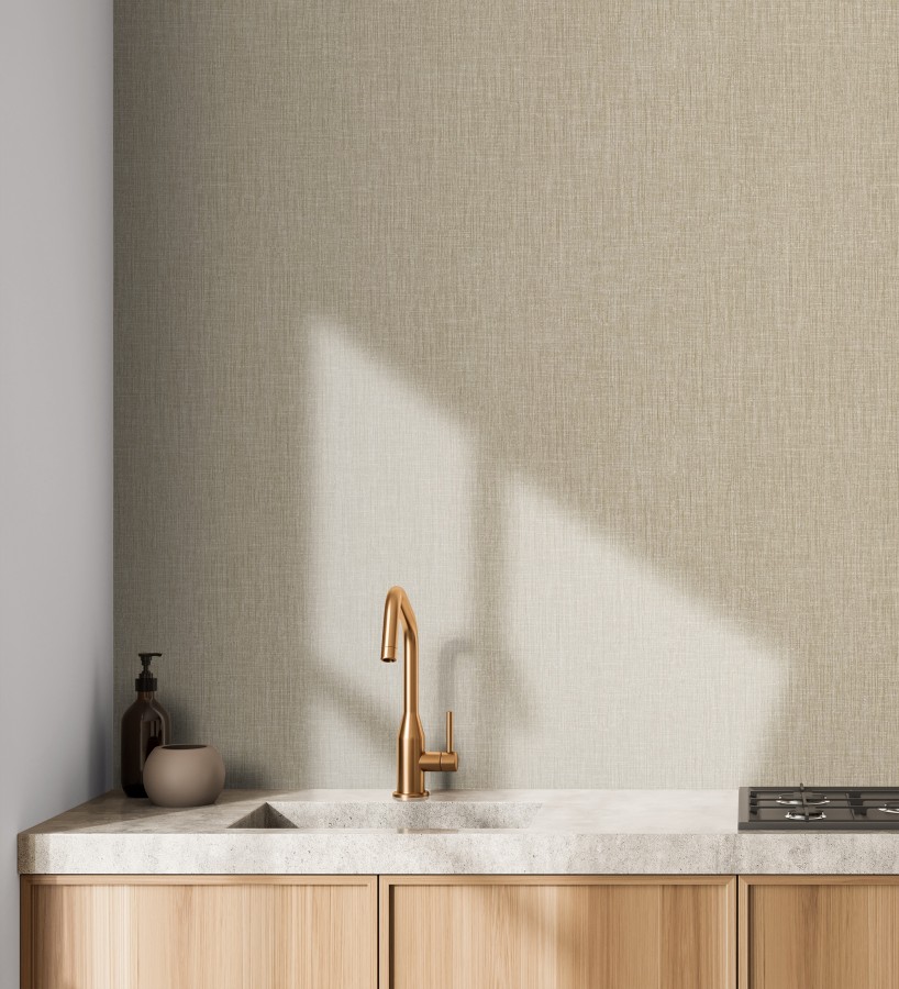 Papel pintado liso de microfibras textiles naturales tono yute  Melbourne Linen 685341