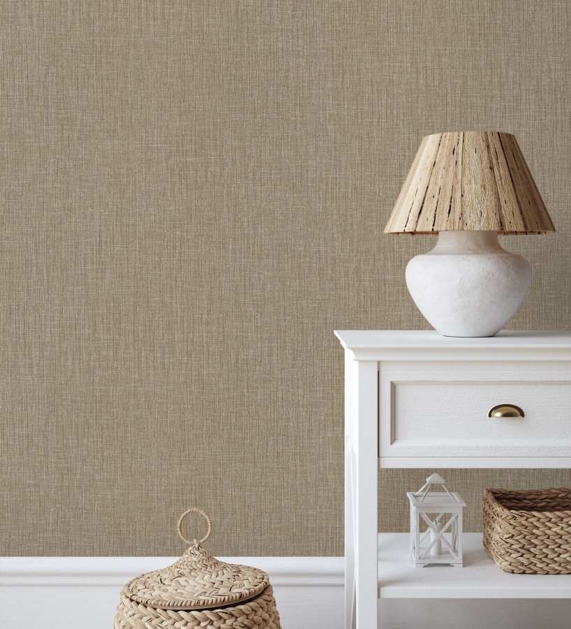Papel pintado liso de microfibras textiles naturales tonos moca  Melbourne Linen 685345