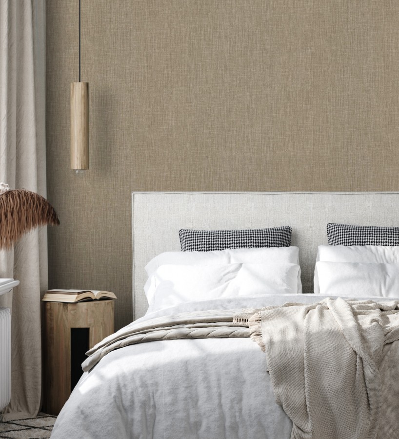 Papel pintado liso de microfibras textiles naturales tonos moca  Melbourne Linen 685345