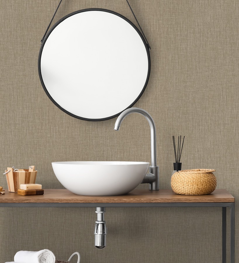Papel pintado liso de microfibras textiles naturales tonos moca  Melbourne Linen 685345