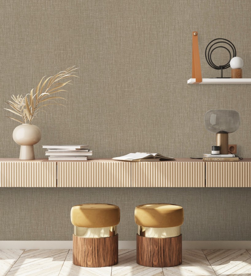 Papel pintado liso de microfibras textiles naturales tonos moca  Melbourne Linen 685345