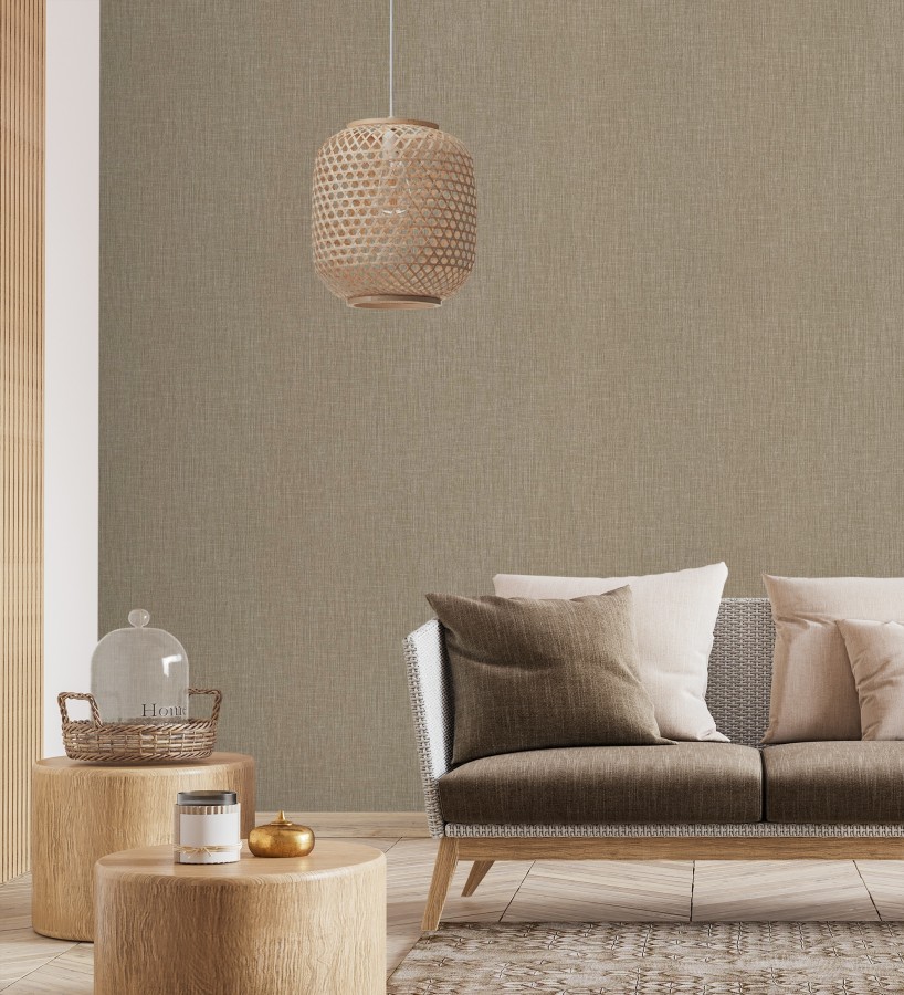Papel pintado liso de microfibras textiles naturales tonos moca  Melbourne Linen 685345