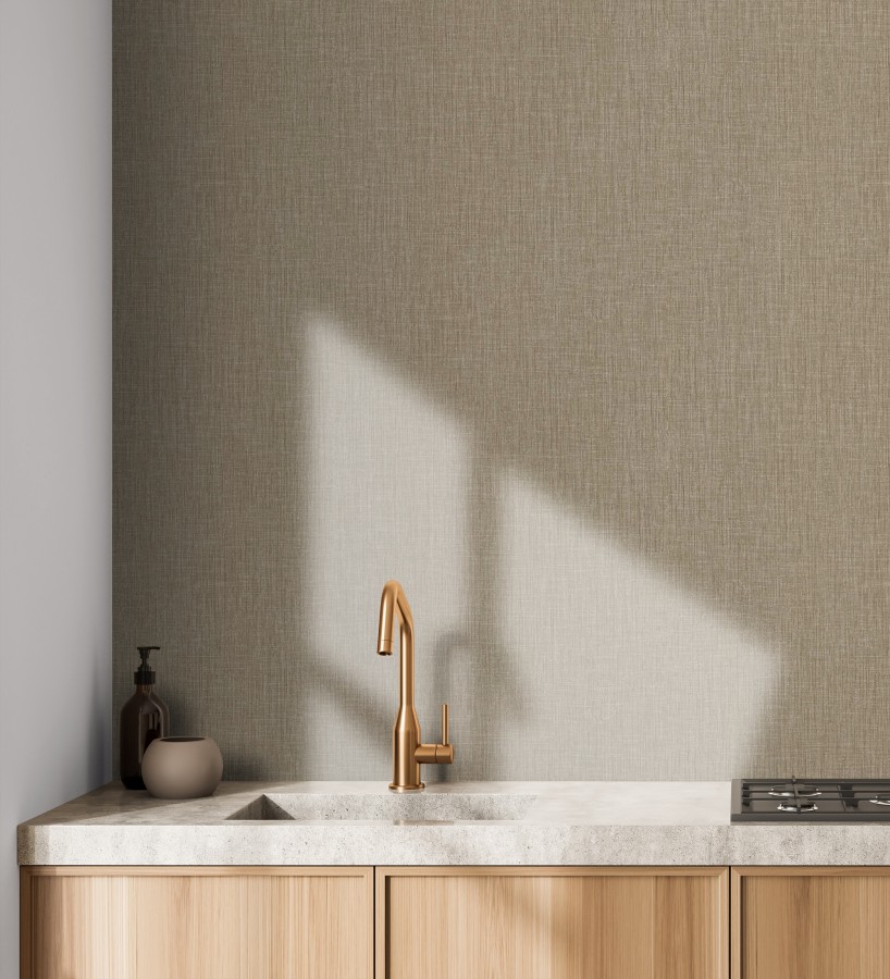 Papel pintado liso de microfibras textiles naturales tonos moca  Melbourne Linen 685345