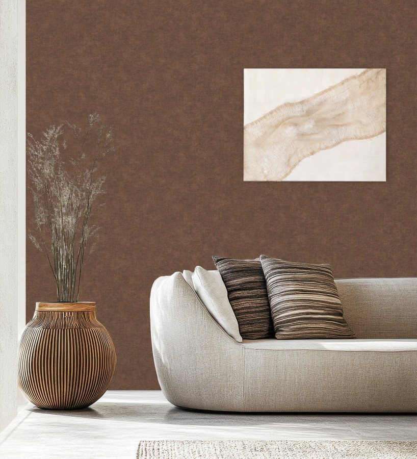 Papel pintado liso color cacao efecto textil hilos de lino y algodón  Raffton Clay 685349