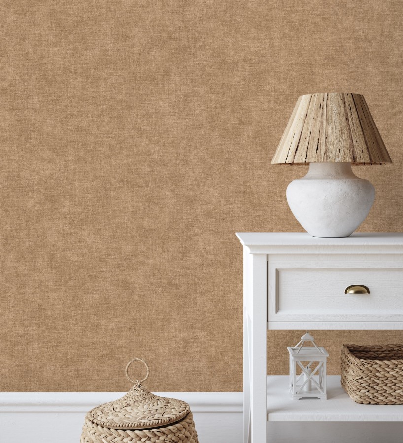 Papel pintado liso marrón camel efecto textil hilos de lino y algodón  Raffton Clay 685350