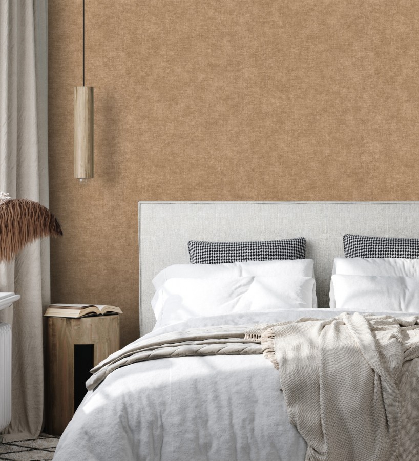 Papel pintado liso marrón camel efecto textil hilos de lino y algodón  Raffton Clay 685350