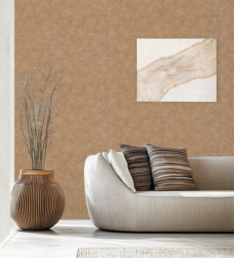 Papel pintado liso marrón camel efecto textil hilos de lino y algodón  Raffton Clay 685350
