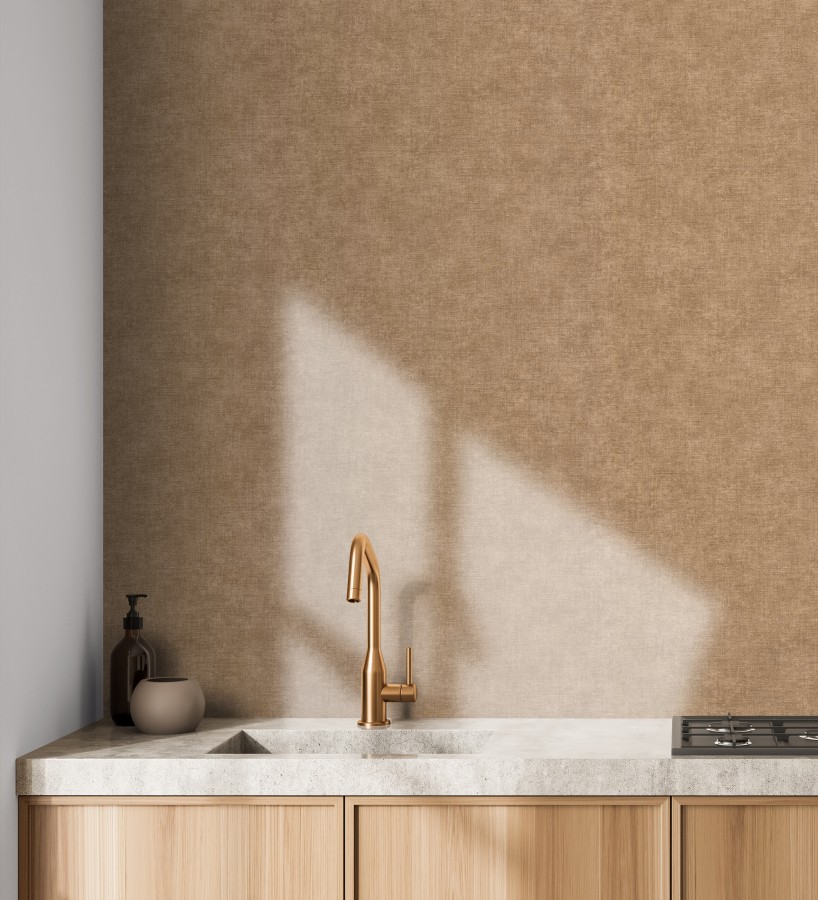 Papel pintado liso marrón camel efecto textil hilos de lino y algodón  Raffton Clay 685350