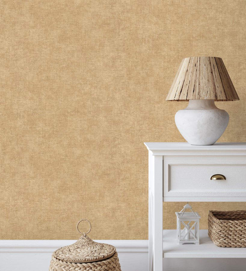 Papel pintado liso ocre dorado efecto textil hilos de lino y algodón  Raffton Clay 685351