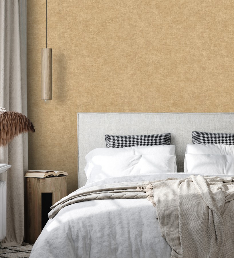 Papel pintado liso ocre dorado efecto textil hilos de lino y algodón  Raffton Clay 685351