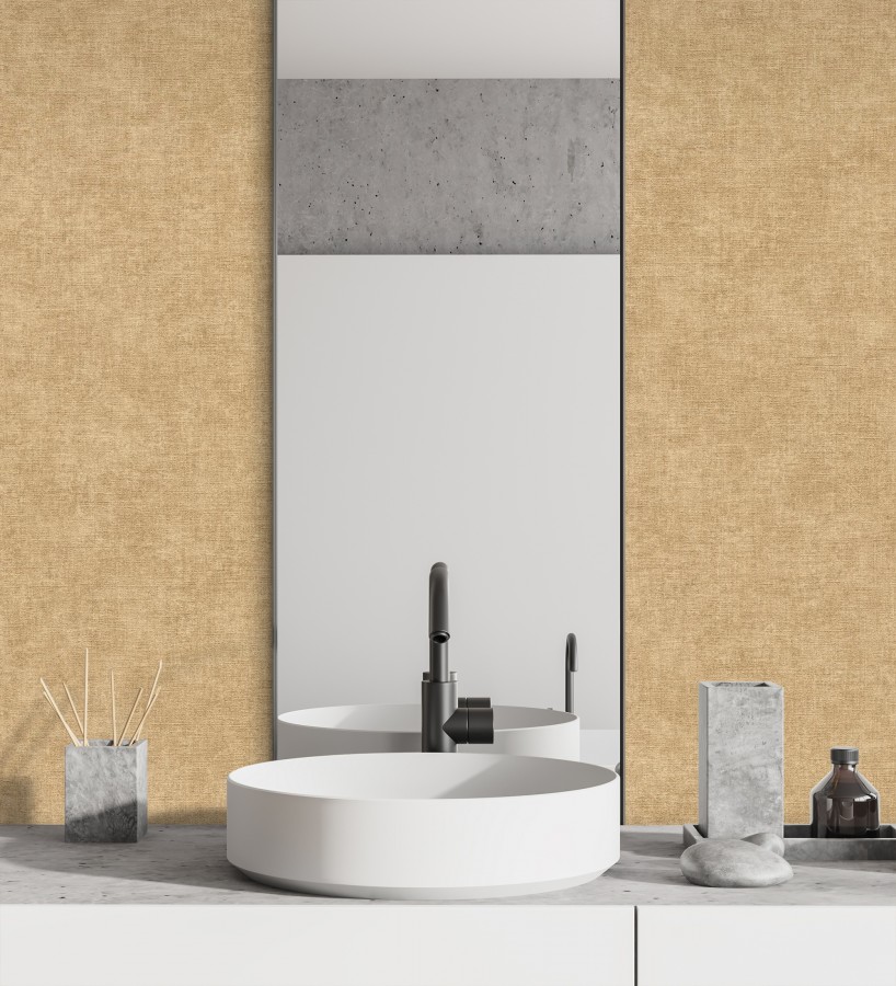 Papel pintado liso ocre dorado efecto textil hilos de lino y algodón  Raffton Clay 685351