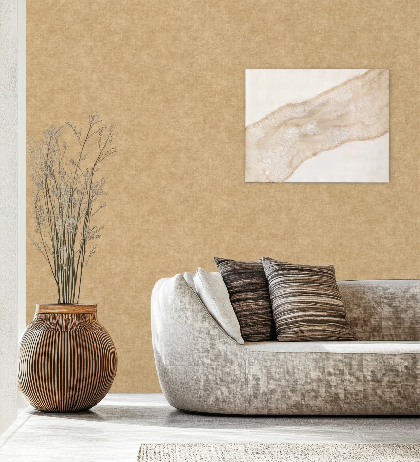 Papel pintado liso ocre dorado efecto textil hilos de lino y algodón  Raffton Clay 685351