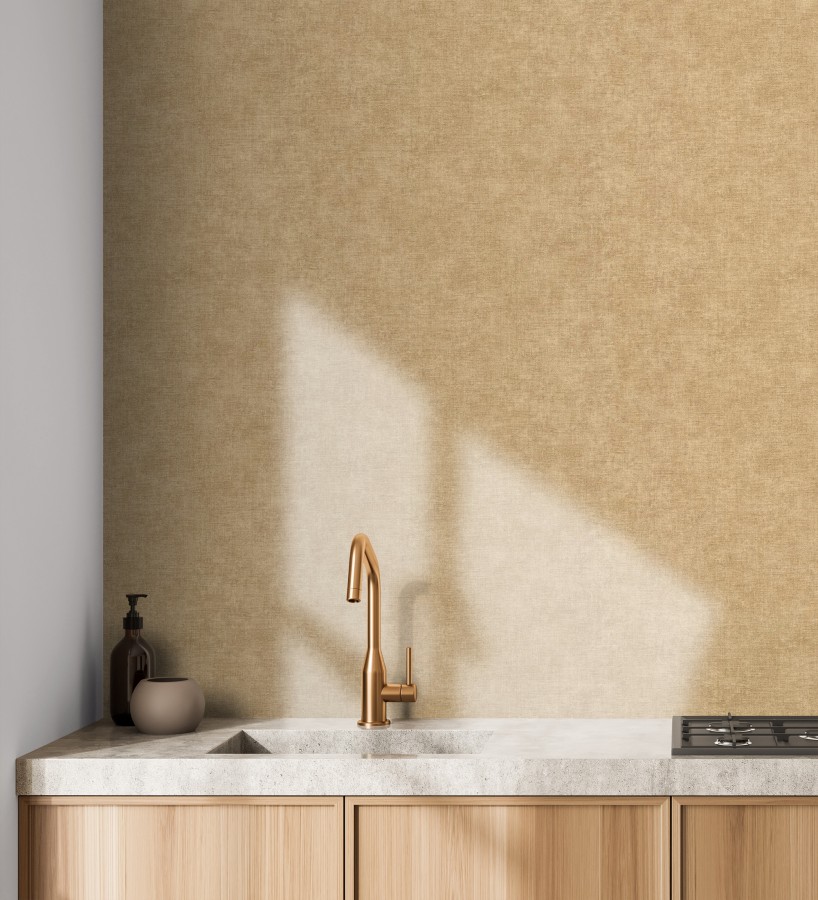 Papel pintado liso ocre dorado efecto textil hilos de lino y algodón  Raffton Clay 685351