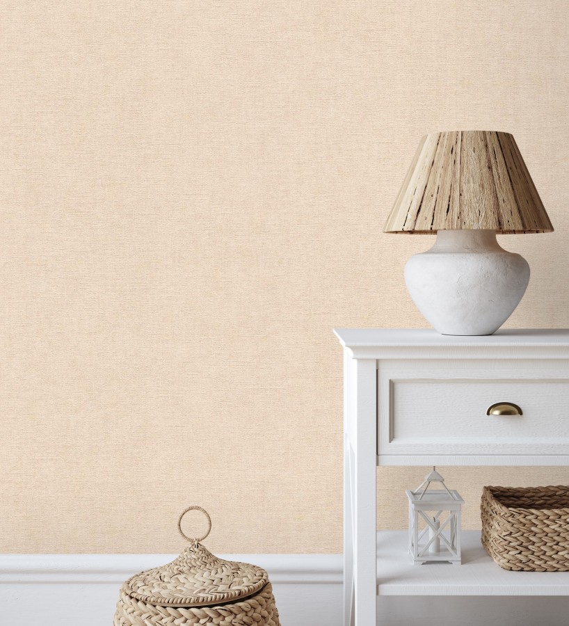 Papel pintado liso color crema melocotón efecto textil hilos de lino y algodón  Raffton Clay 685352