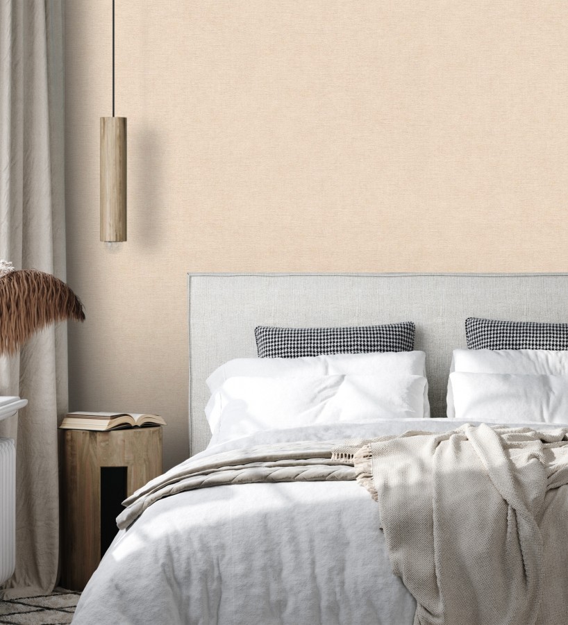 Papel pintado liso color crema melocotón efecto textil hilos de lino y algodón  Raffton Clay 685352